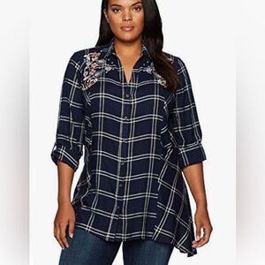 Vintage American blues vneck embroidered plaid flannel long sleeve shirt sz XL